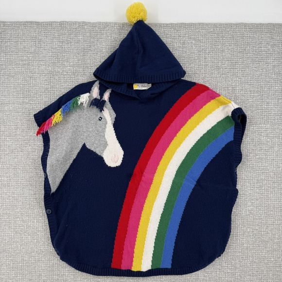 Mini Boden Other - Mini Boden Cape Sweater Girls M Blue Hooded Striped Fringe Rainbow Pony
